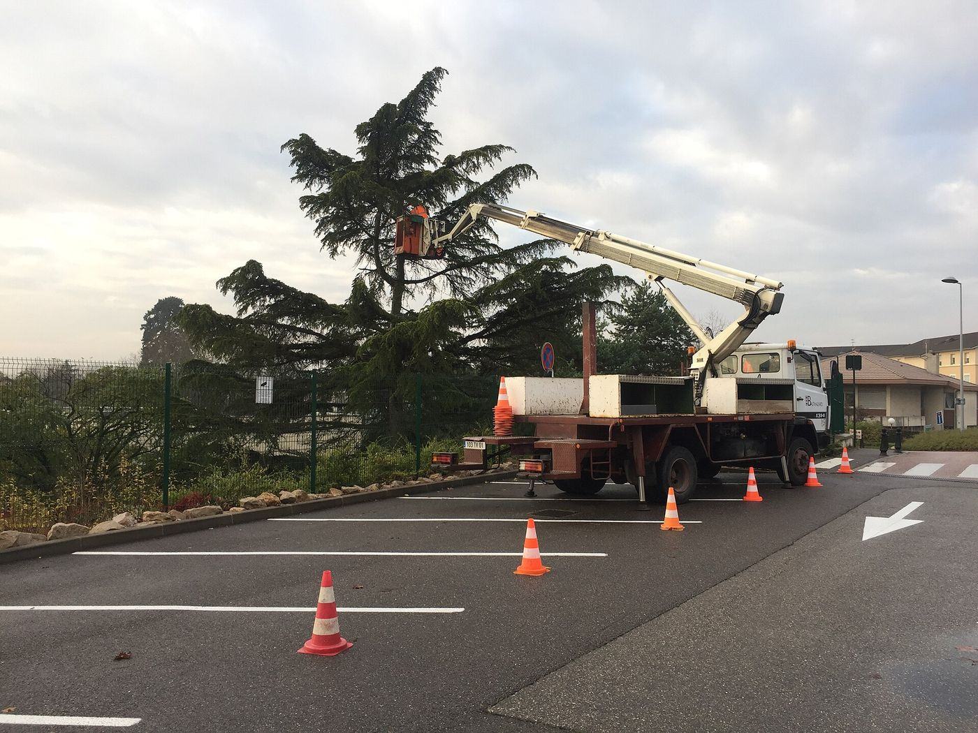 Élagage depuis une nacelle, zone balisée